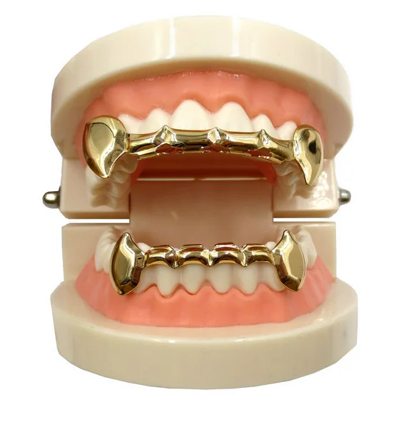 14k Gold Plated Hip Hop Two Tone Si CZ Teeth Grillz Caps Fang Top Grill