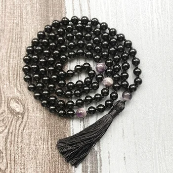 ST0607 Black Onyx And Amethysts 108 Mala Beads Necklace For Calming Mind Meditation Jewelry Hand Knotted Tassel Necklace