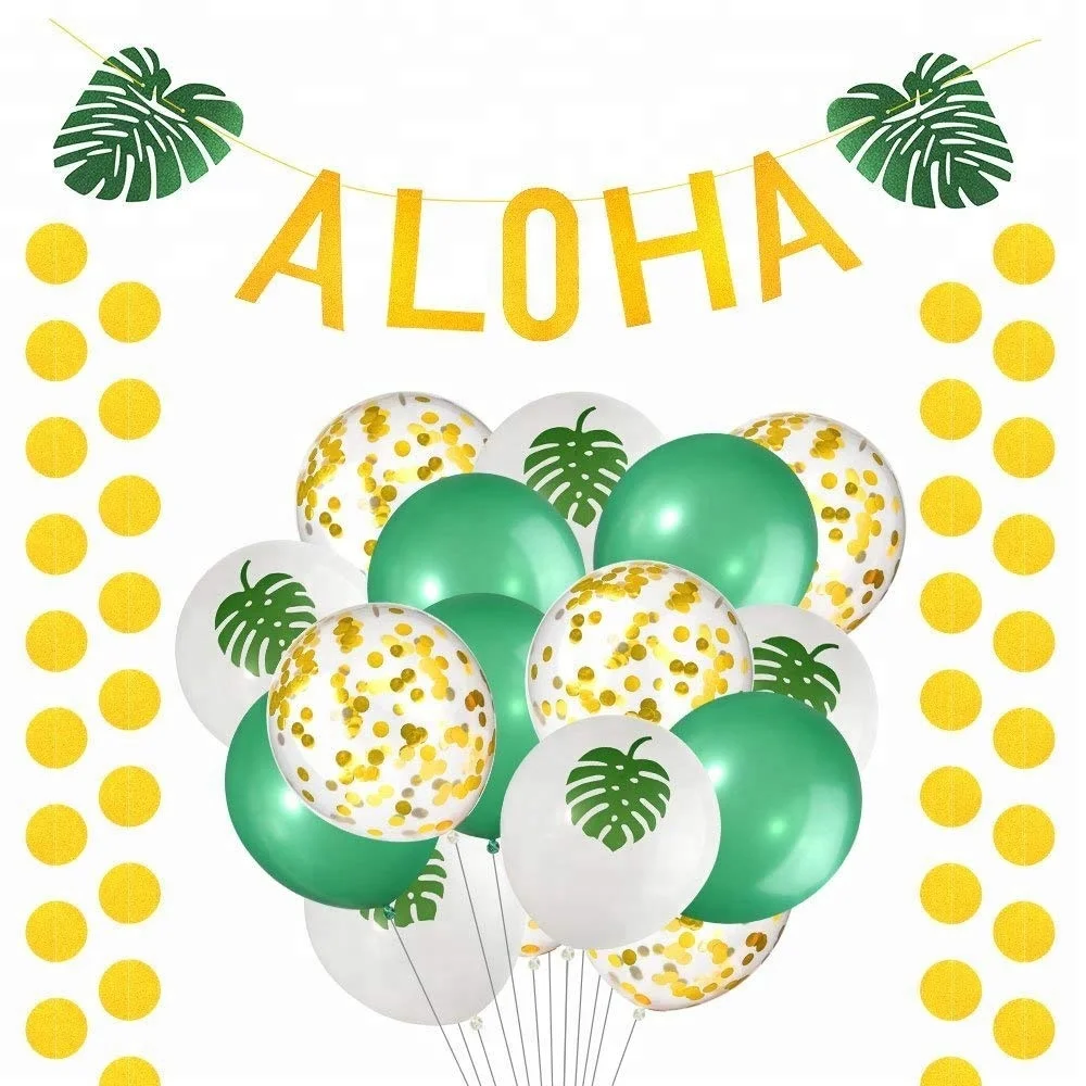 Aloha Hawaiian Tropical Luau Party Decoration Includes Gold Glittery Aloha Green Leaves Banner Garland With Gold Circle Dots Buy Tropical Party Decorations Tropical Party Tropical Decor Product On Alibaba Com