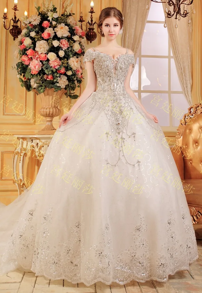 Long Tail White Ball Gown Wedding Dress Heavy Crystals Stripes Lace up  Back Custom Brides Wear New Arrive v Neck XJ08