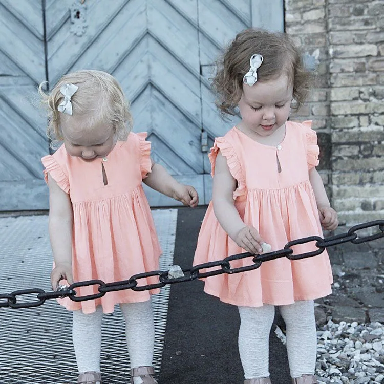 Для маленьких девочек Летняя хлопковая с рюшами без рукавов розовое платье