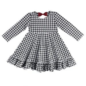 Newest Design Kid Clothes Cotton Houndstooth Graphic All Over Long Sleeves Ruffle Hem Boutique Children Forck Baby Girl Dress