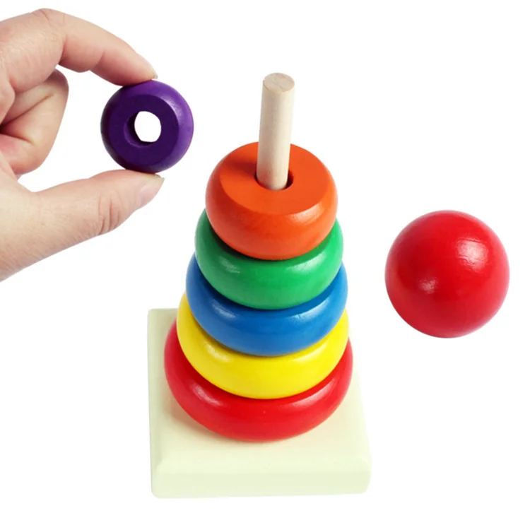 Kids Wooden Rainbow Stack Up Tower Puzzle Stacking Ring Educational Toy 