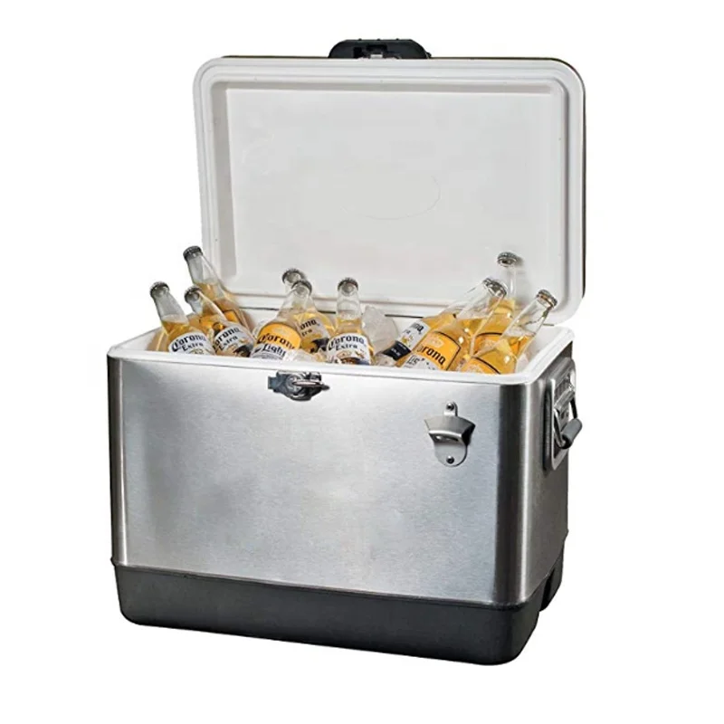 Accept Customized High Quality  51L Stainless Steel Ice Box Metal Cooler Box With Wheel and Handle