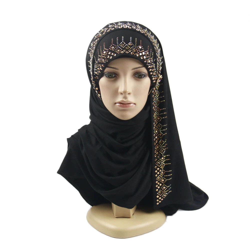 2021 Wholesale Plain Black Rhinestone Diamond Scar Shawl Stretch Jersey Cotton Hijab With Golden Stone for Women