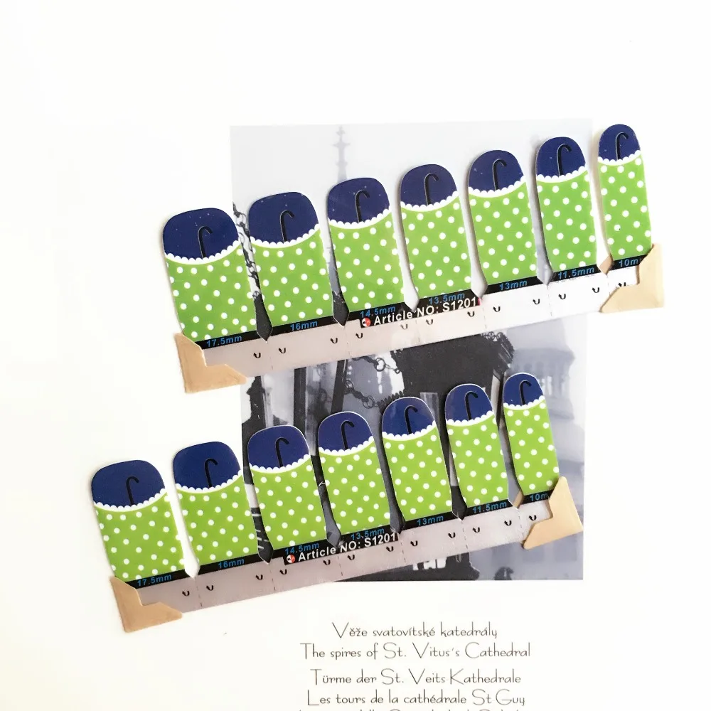 Country Style Green Dots Nail Arts Stickers 14 pcs set Full Tape Patch Waterproof Foils Decals