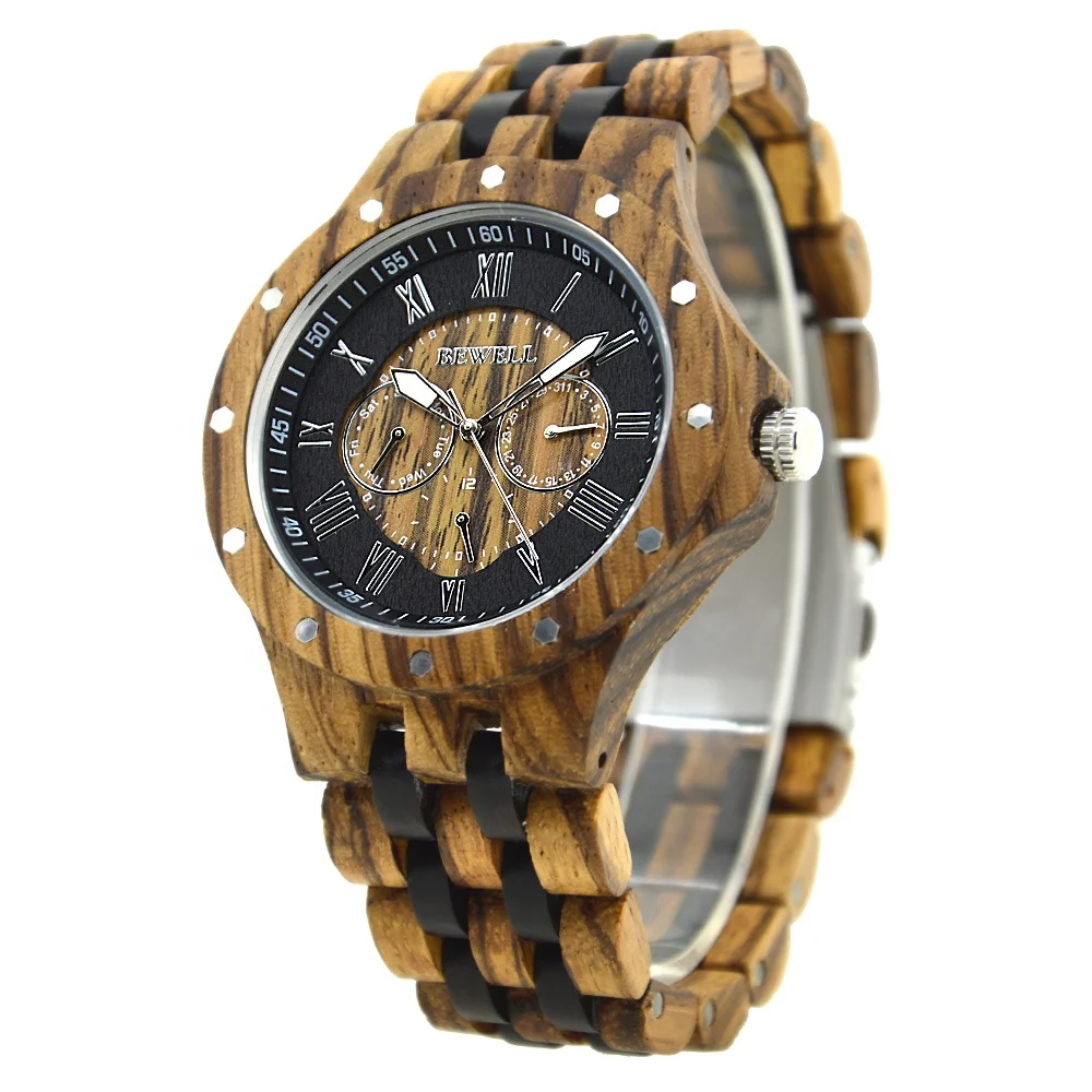 Bewell Wooden Watch with Japan Multi Function 6P29 Movement