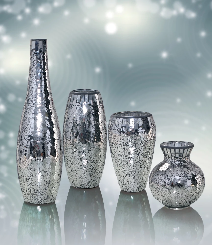 Herstellerprodukt Romantischer Stil Handgefertigte Elegante Glas-crackle Schwarz-silber Spiegel-mosaik Großhandel Glasvasen