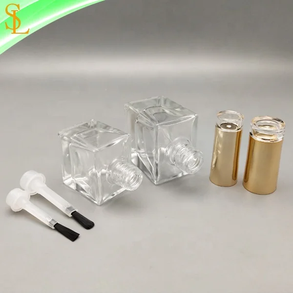 12ml 18ml Square Shape Empty Nail Polish Oil Bottles Rectangle Glass with Unique Transparent Top Gold Caps Brushes