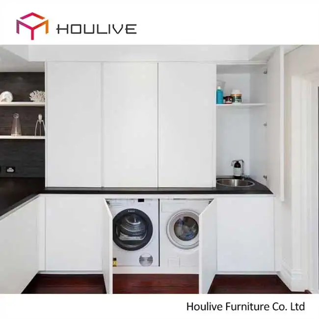 MDF Laundry Cabinet Customized Inserted Design with High Gloss Washing Machine Cabinet