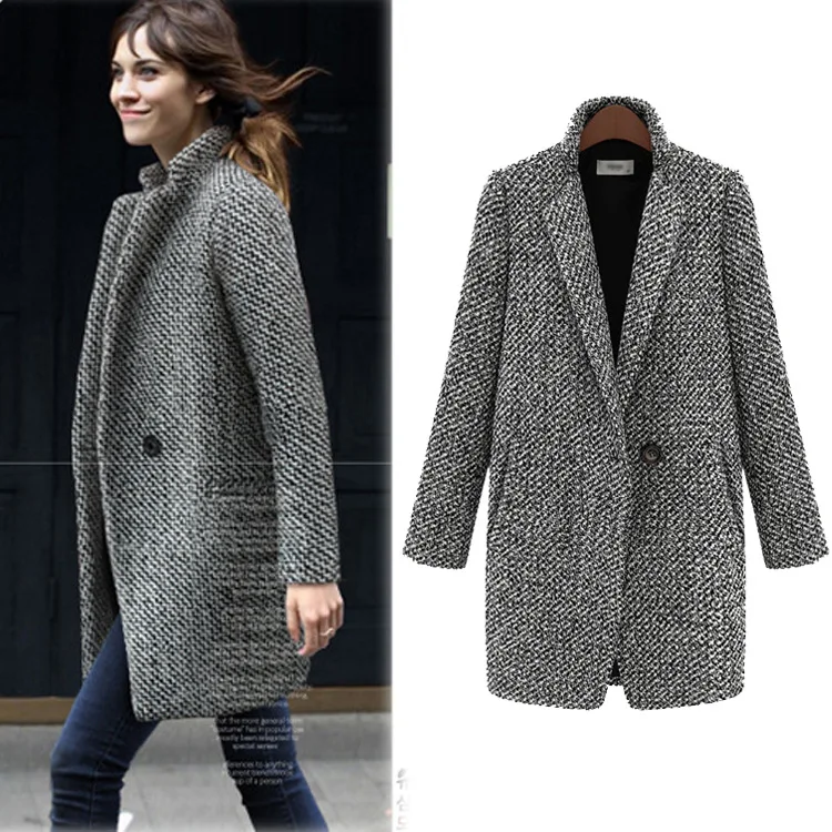 Moda para Mujer de largo otoño de lana abrigo de Tweed