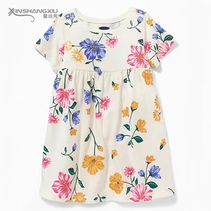 Custom Printed Summer Kids Dress Casual Knitted Cotton Jersey for Girls O-Neck Knee-Length Pattern Decoration