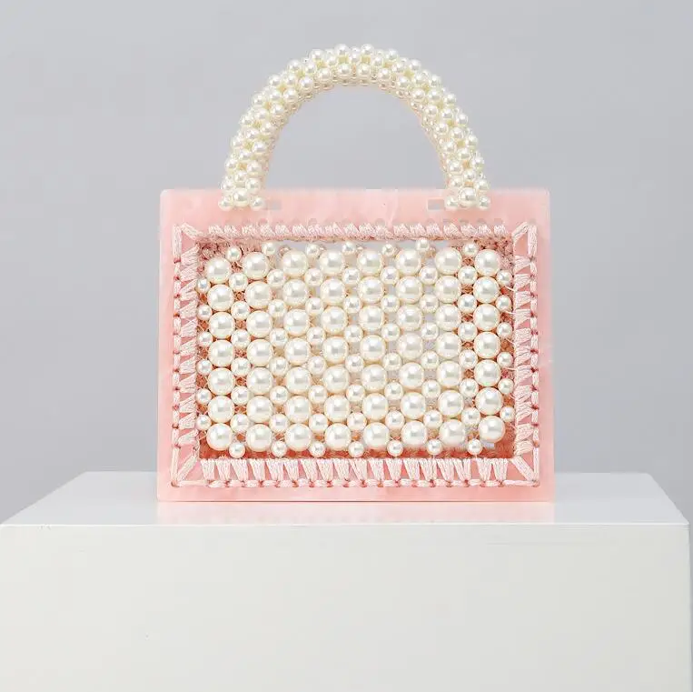 Wholesale Luxury designer pearl bag clear transparent acrylic beaded box  totes bag women party vintage woven handbag From m.