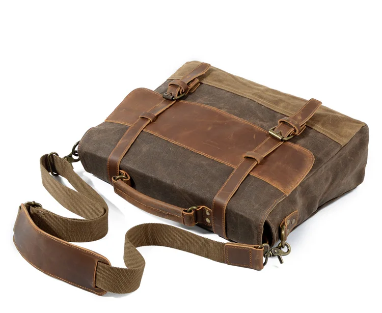 Men Canvas  Leather Cross Body Bag Top Handle Shoulder Bag Large Storage For Laptop Notebook