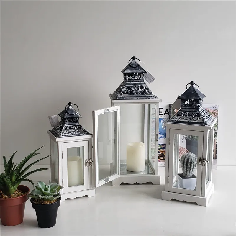Summer Antique Grey Metal Wood Candle Lantern White Vintage Lantern With Free Sample