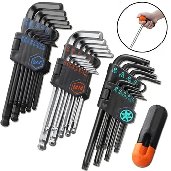 Industrial Grade SAE Metric Star Flat head Ball End Long Arm Strength Helping t handle Allen Wrench Hex Key Set S2 Tool Steel