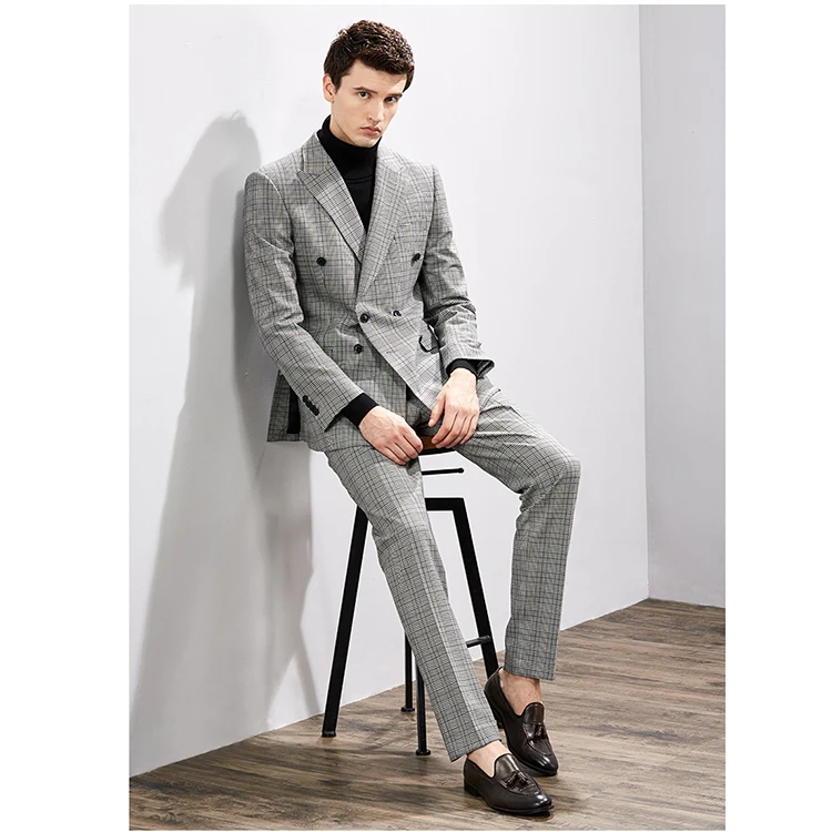 Fashion New Style Tweed Smooth Double Breasted Grey Plaid Feel Formal Business Men Suit