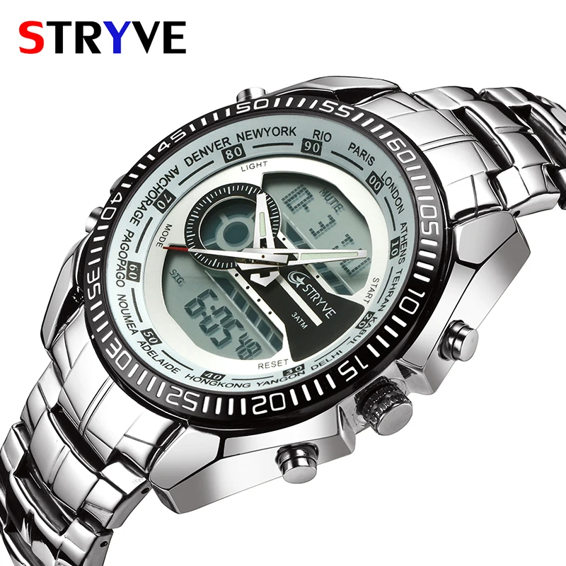 Stryve Brand Luxury Watch Dual Time Chrono Clock Stainless Steel Heavy Dial Waterproof Sports Men Quartz Wrist Watches