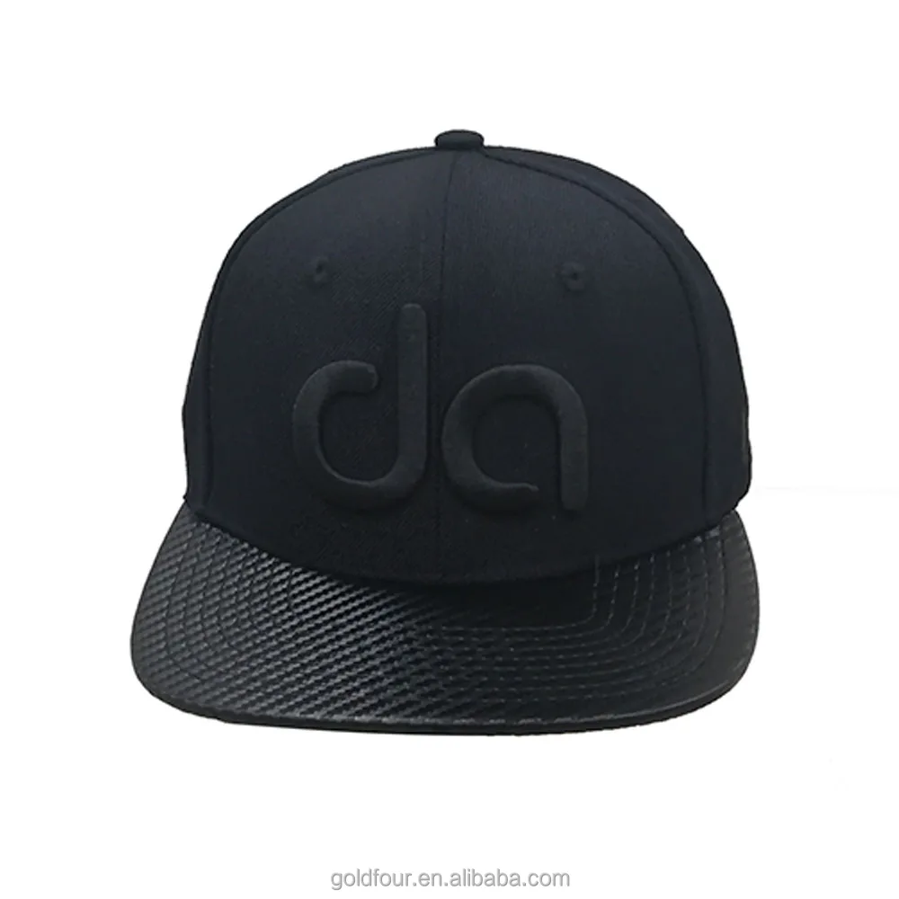 China Factory  6 Panel  Black  Snap Back Hat  Leather Brim Caps 3D Embroidery Customize Snapback Hats