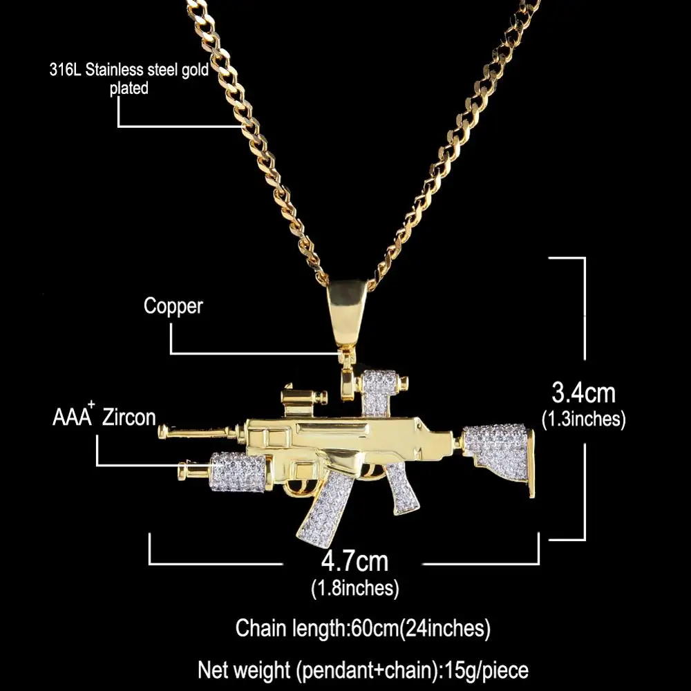 Zirconium Gun Pendant - Iced Out UZI Jewelry for Men \u0026 Women, image size:1000x1000