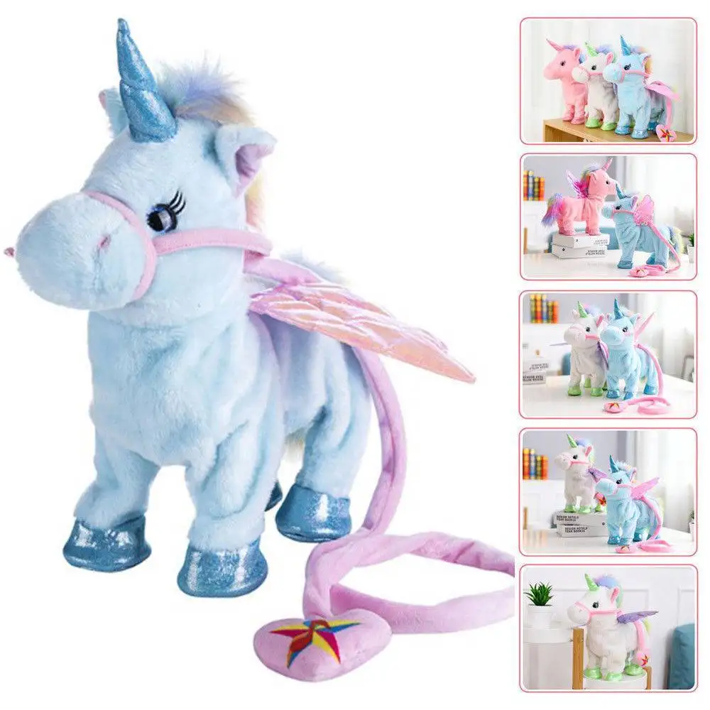 
 Оптовая продажа, новый дизайн, персонализированная плюшевая пурпурная прогулочная говорящая плюшевая игрушка единорог с поводком  