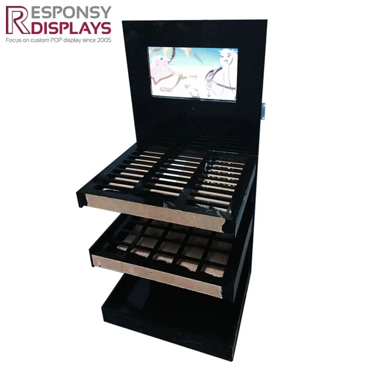 Metal Floor Standing Cosmetic Display Rack with Multi Tier Shelves and Large Back Panel for Lipstick Perfume Foundation in Shops