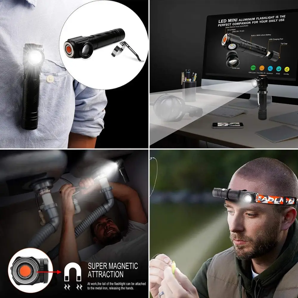 90 градусов USB Перезаряжаемый светодиодный тактический фонарик мини зум светодиодный фонарик IP65 аварийный фонарик для Кемпинг пеший туризм и езда на велосипеде