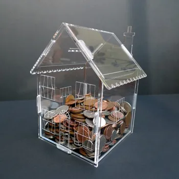 House Shaped Clear Acrylic Coin Box Donation Box Detachable Piggy Bank Money Box Easy Assembly