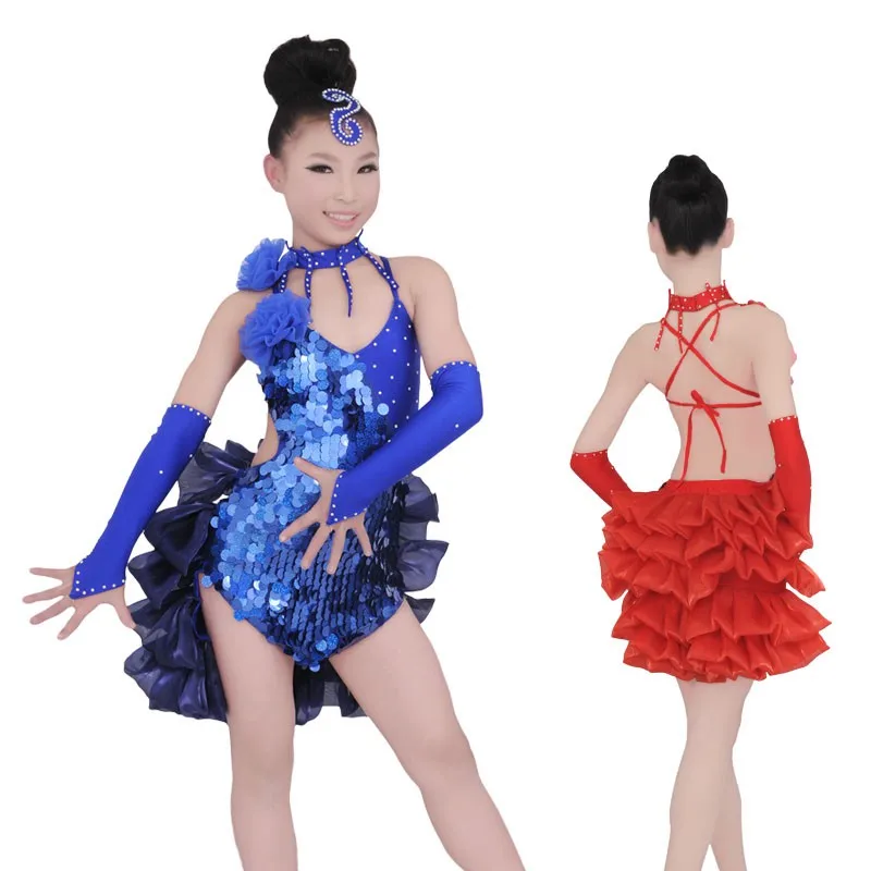 Children Girls Sequin Latin Dance Dress Ballroom Costume Competition Dancewear 