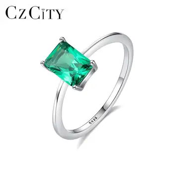 CZCITY High Quality 925 Sterling Silver Luxury Green Gemstone Engagement Rings Jewelry Gifts Finger Ring for Women