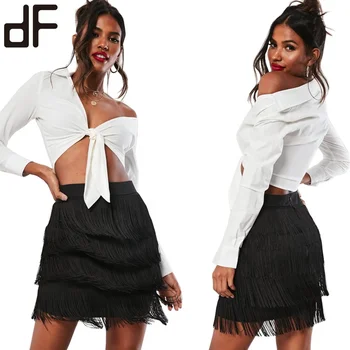 OEM Custom Cotton Polyester Elastic Spanking Black Tassel Fringe Girls Sexy Skirts Bodycon Set Short Mini Skirt