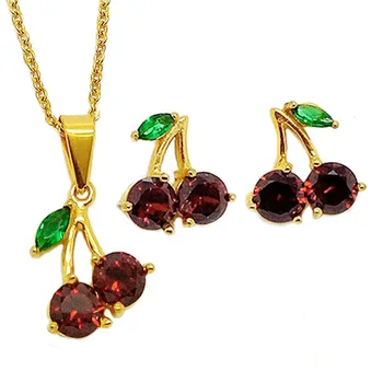 fashion statement 18k gold inoxidable red cherry jewelry sets earring stainless steel jewelry set wedding necklace