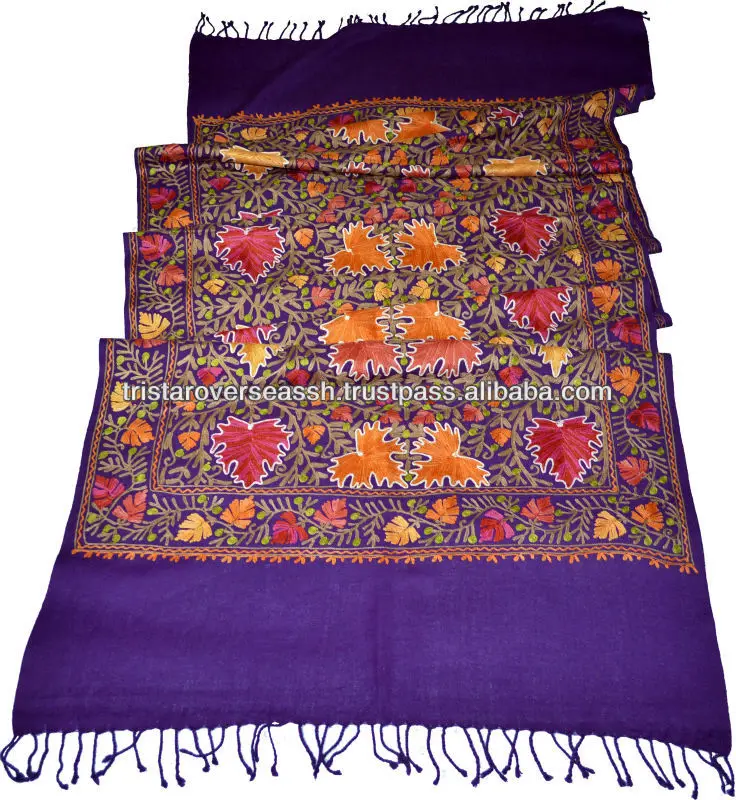 100 Wool Kashmiri Embroidered Shawl Type Scarf Kashmiri Design Purple