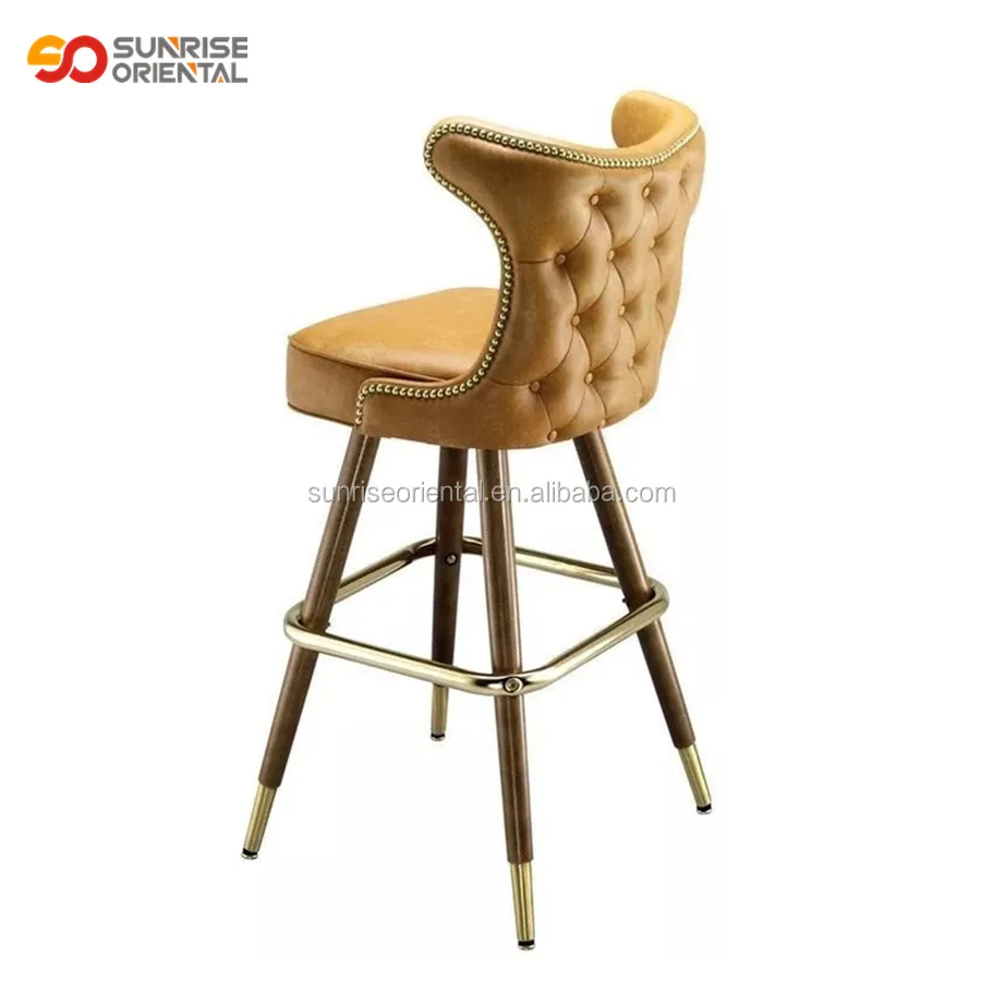 Unique Yellow Leather Bar Stool With Oak Wood Legs Bar Stools