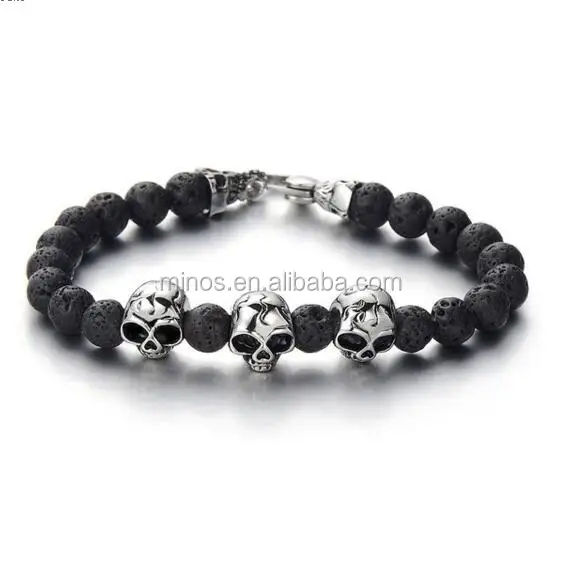 Gothic Style Mens Beads Bracelet with 8mm Black Volcano Volcanic Stone and Stainless Steel Skulls