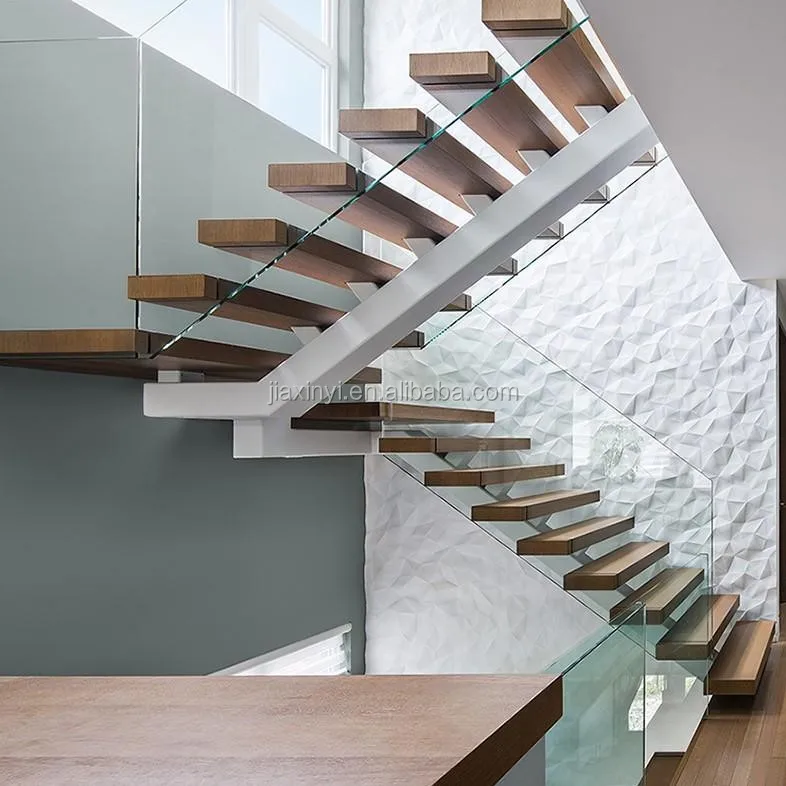 U-shaped glass wood stairs design indoor mono stringer staircase
