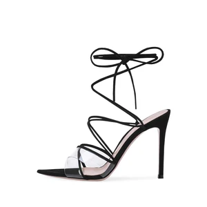 Ladies Heeled Summer Pointed Toe Transparent Shoes Stiletto Heels Ankle Wrap Sexy High Heel Black Strappy Women Clear Sandals