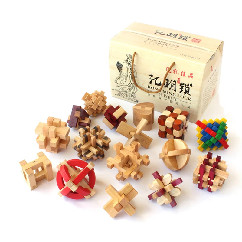 16 pcs lot China ancient educational wooden toys 3D wood IQ jigsaw brain teaser puzzle for