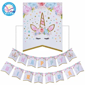 Glittering unicorn happy birthday baby shower kids party decor cartoon bunting banner flags unicorn party favors supplies banner