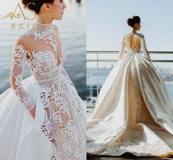 Ruolai ZD05115 robe de mariage Vintage High Collar Luxury Lace Long Sleeves Ball Gown Wedding Dress Bridal Gown