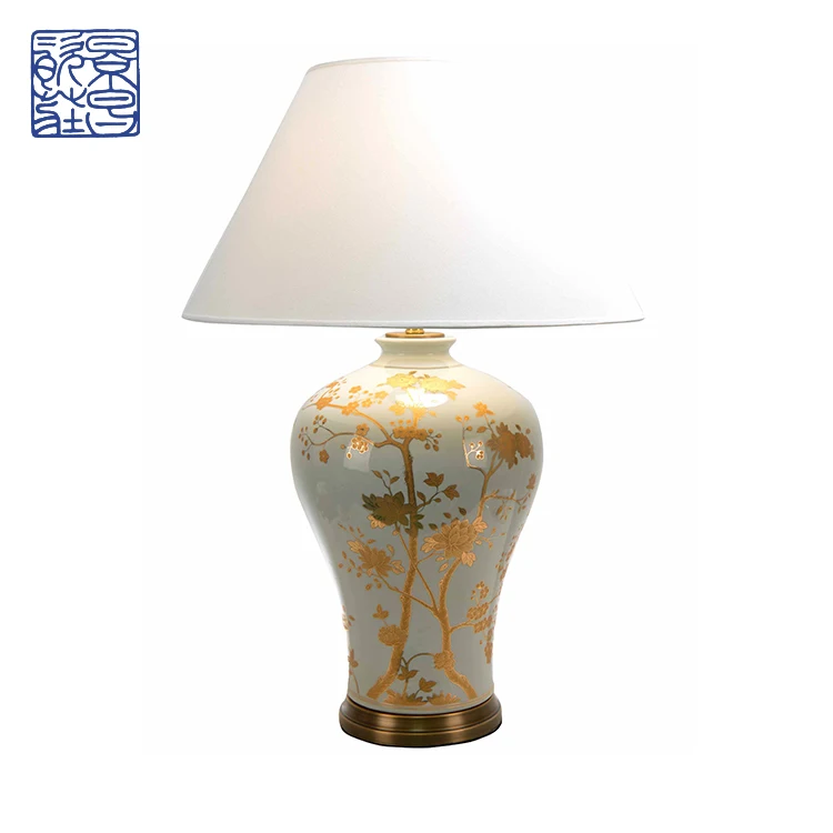 Best Brand Indoor Lighting White And Gold Flower Pattern Porcelain E27 LED Ceramic Desk Lamp Table Light