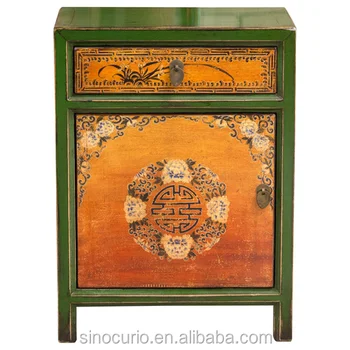 Chinese antique painting wooden nightstand antique bedside table cabinet furniture
