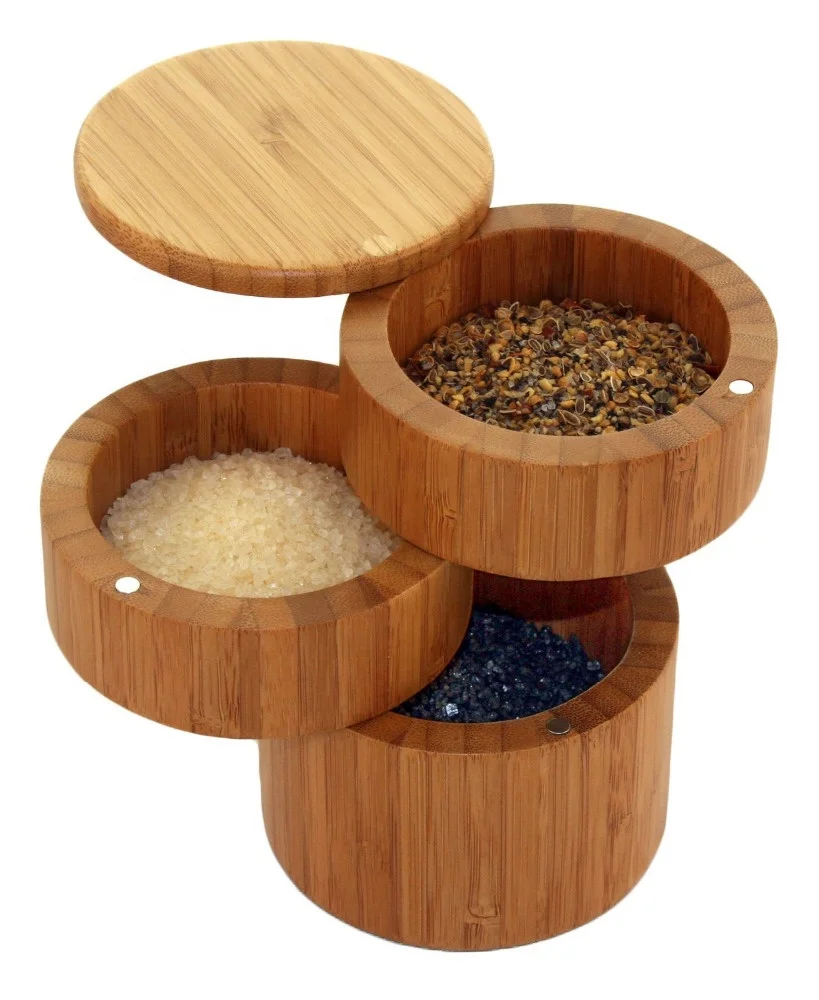 Wholesale Wooden Round 3 Tiered Snow Salt and Paper Box Natural Bamboo Storage Drying Boxes With Removeable Lids