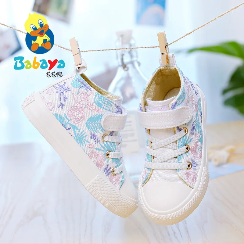 
 8123 HUANQIU 2019 новейшие модные розовые цветочные узоры высокие детские школьные холщовые туфли компьютерная строчка  