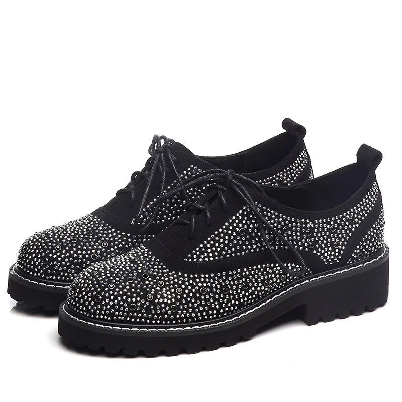 
 Модные женские туфли-броги с блестящими кристаллами, на плоской подошве, с заклепками, 2019  