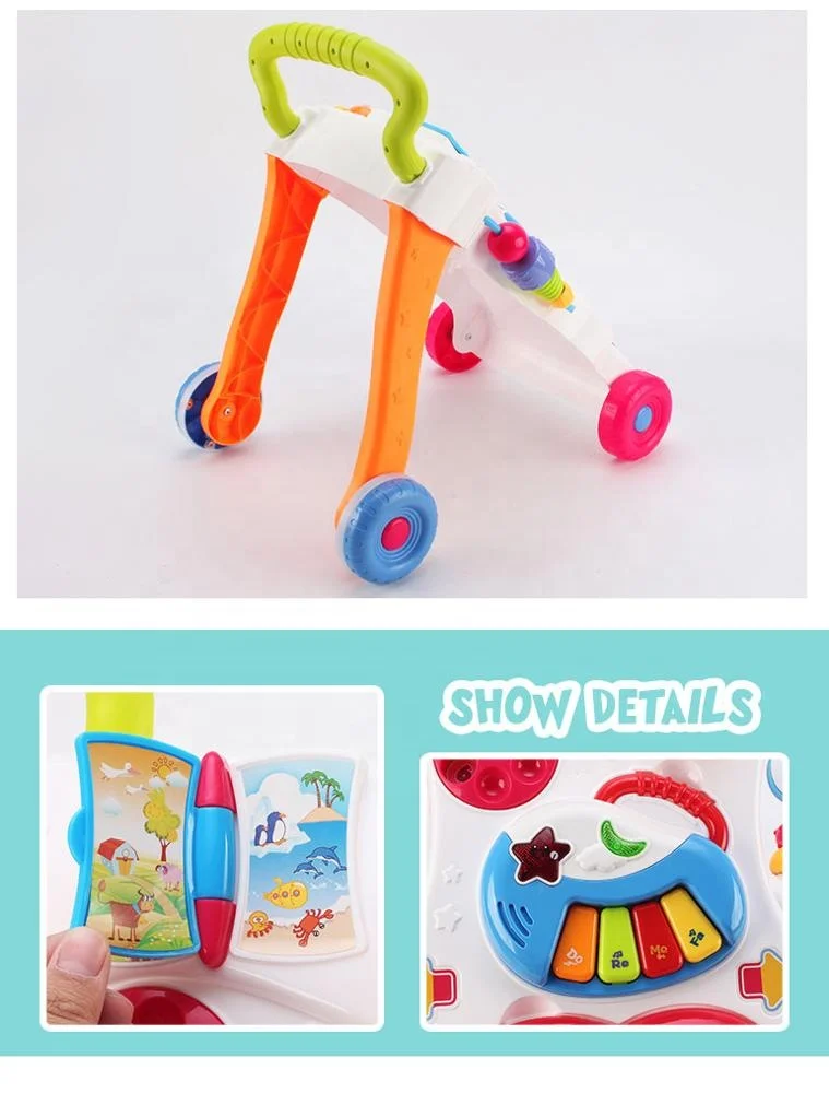 Образовательные сидеть-to-стенд для первого шага обучения толкать ходунки игрушка с музыкой