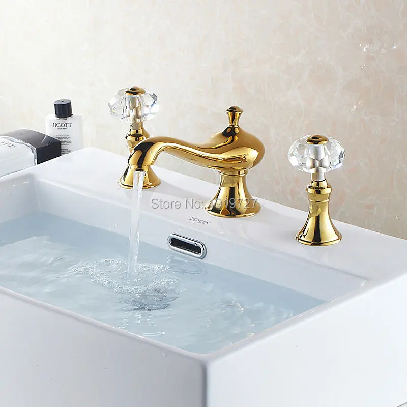 2018 High Quality Golden Br 2 Handle Crystal Widespread High Quality Golden Br 2 Handle Crystal Widespread Three Holes 3 Piece Bathroom Faucet Deck Mount Vanity Mixer Sink Tap