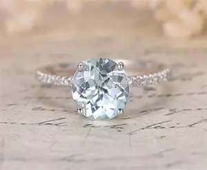 Wholesale 925 Sterling Silver Women's Engagement Ring 6.5mm Cut Light Blue Aquamarine Solid 14k White Gold Rhodium Zircon