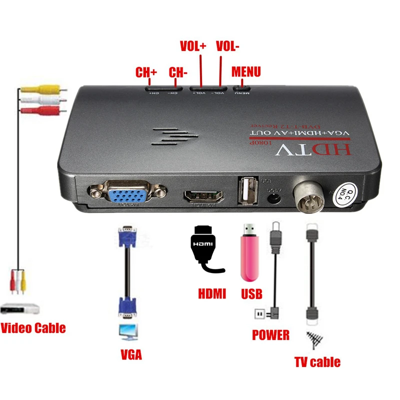 HDMI DVB-T T2 dvbt2 TV VGA Receiver Converter With USB Tuner Remote  Control~ ^
