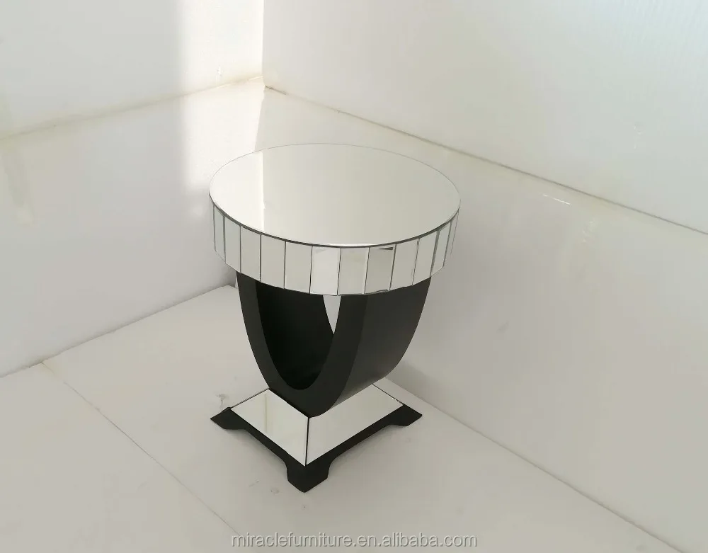 Black Wood Base Round Mirrored Corner Side Table for Living Room Furniture